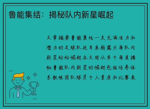 鲁能集结：揭秘队内新星崛起