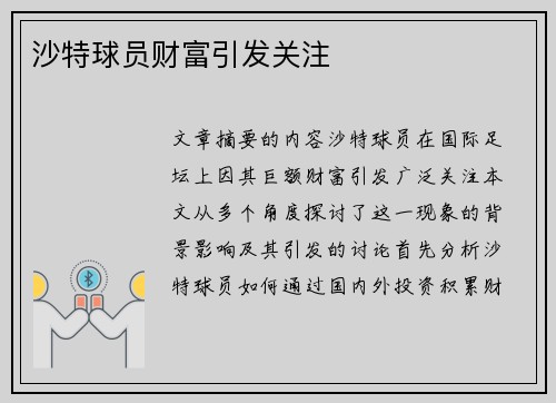 沙特球员财富引发关注