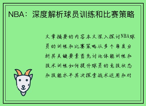 NBA：深度解析球员训练和比赛策略